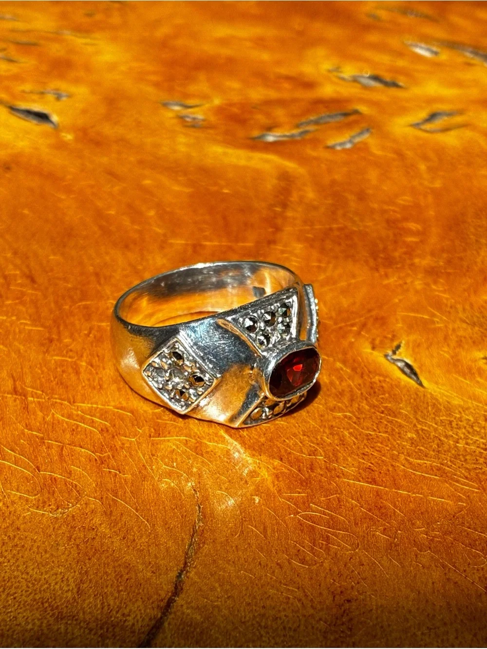 Sterling Silver Garnet Art Deco Ring - Deep Red Gemstone